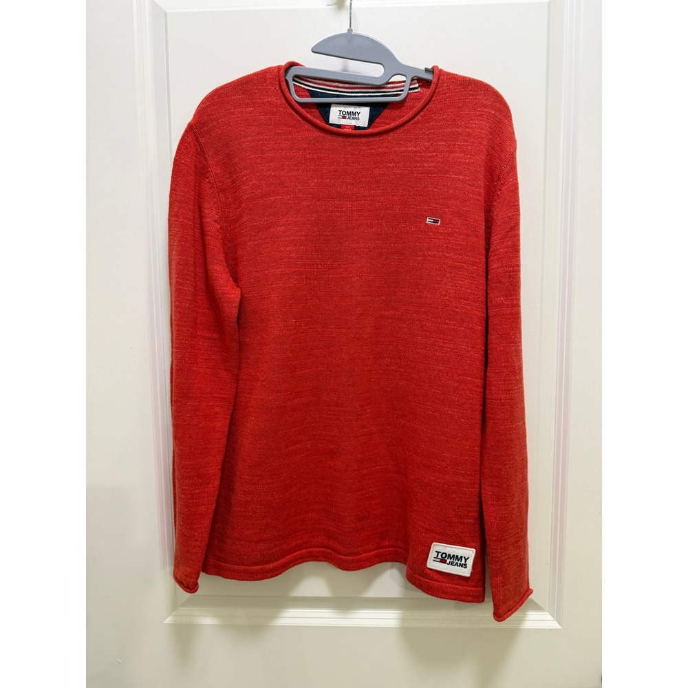 Tommy Jeans Mens Red Heathered Crewneck Long Sleeve Sweater Size Small